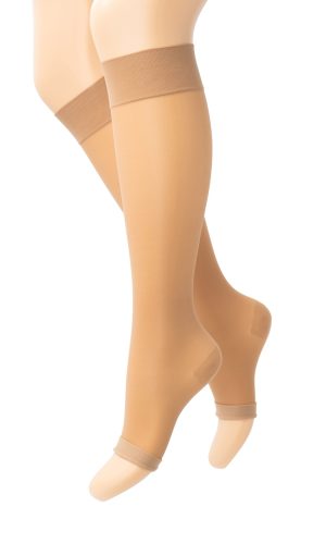 SEGRETA 70 DEN Knee High Sheer Compression Socks With Open Toe - M, CHAMOIS